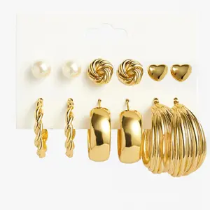 6 Pairs Gold Earrings for Women Gold Hoop Earrings Set with Pearl Knot Heart and Twisted Designs Gold Plated Chunky Hoop Earrings