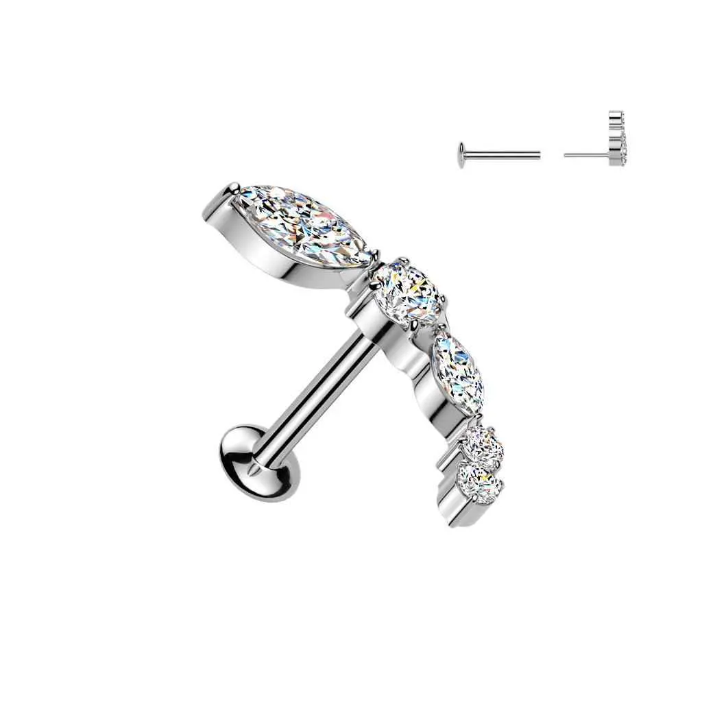 Curved CZ Cluster Threadless Flat Back Stud – 16G 316L Surgical Steel