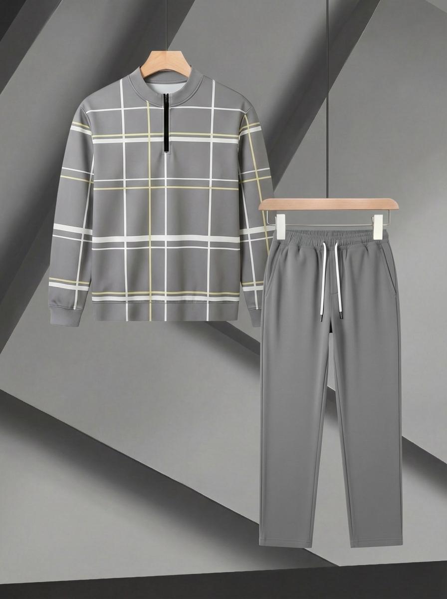 Men's 2-piece lightweight business casual sportswear |   Light blue checkered top with half zipper |   Contrasting white and yellow checkered patterns+matching pants |   Suitable for urban commuting, office leisure, and polished comfort Summer Tracksuits