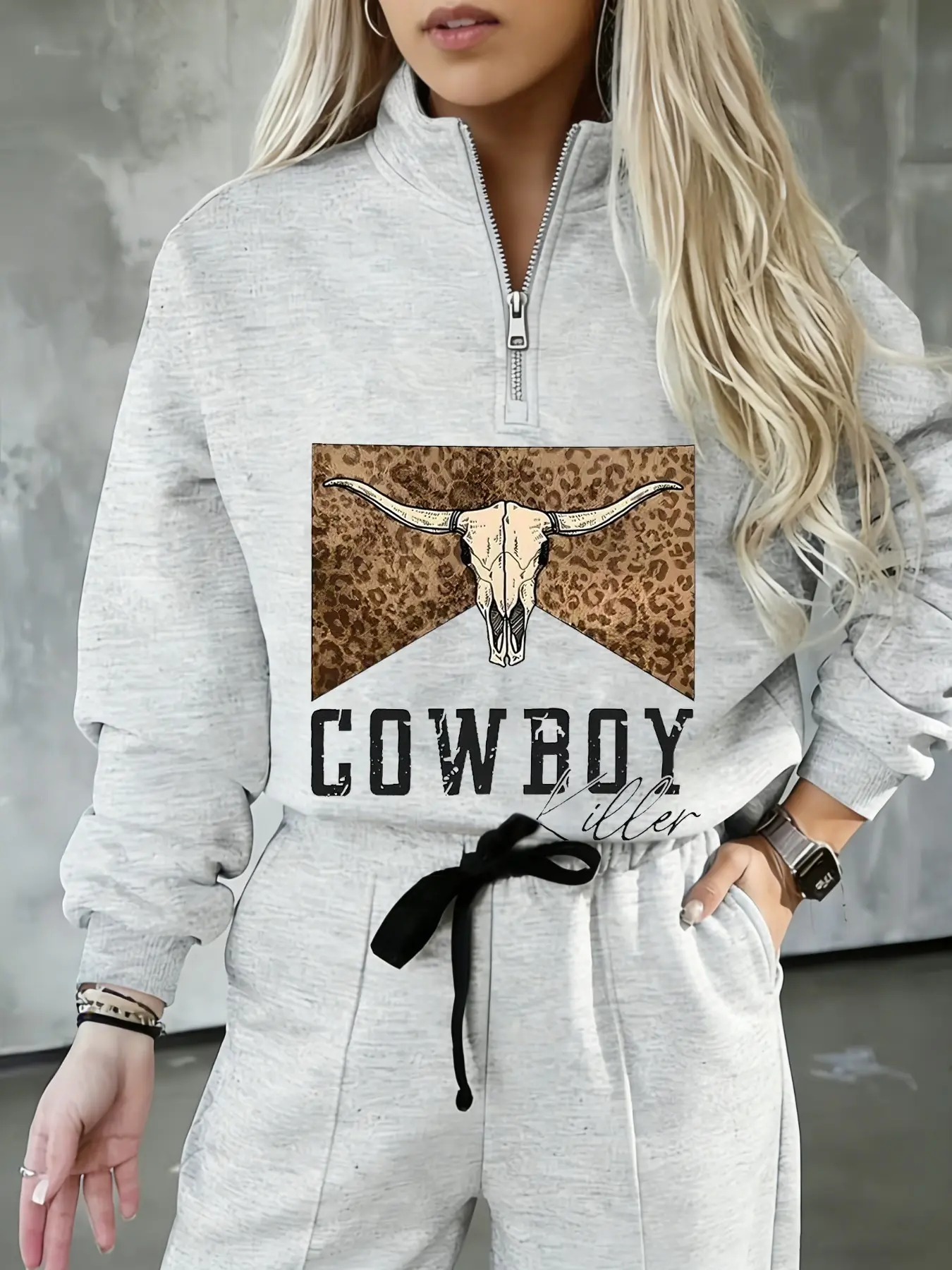Women's Half-Zip Stand Collar Long Sleeve Sweatshirt Set, Classic Western Cowboy Print, Casual Fall & Winter, Loose-Fitting Mid Waist Sweatsuit