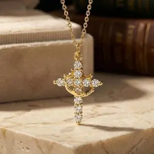 Simple Crown Cross Necklace for Women, 14K Gold Plated Crown Cross Pendant Necklace, Non-Tarnish Faith Jewelry for Women, Pretty Crown Cross Necklace For Daily Party Clothing Decor Trendy All-match & Exquisite Jewelry For Valentine's Day gifts`