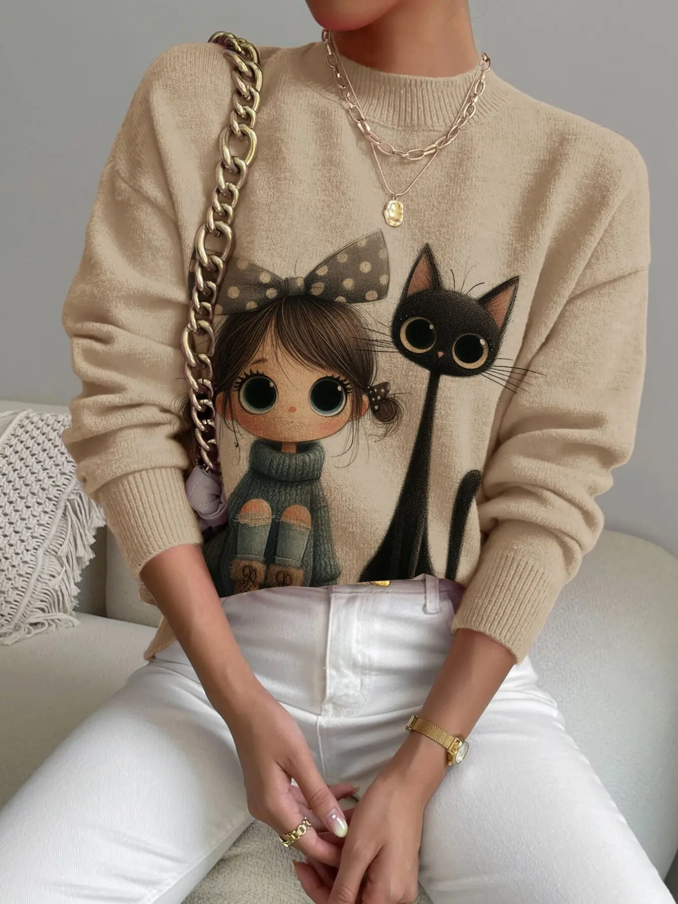 Women's Cartoon Animal Cat Print Stand Collar Knitted Graphic Sweater Top, Fall Winter Casual Chic Long Sleeve Knitwear, Comfortable Warm Fitted Daily Wear Womenswear Knitting