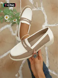 Women's Plus Size Simple Color-Block Loafers with Anti-Slip Soft Sole, Comfortable Mom Shoes for Daily Commuting, Casual Versatile Chunky Low-Heel Flats