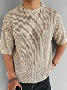 Men’s new casual loose minimalist solid-color openwork semi-sheer retro crewneck pullover T-shirt/knit top—versatile basic for commuting, relaxed fit, short sleeves, suitable for spring and summer