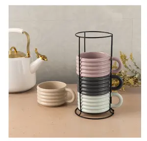 Ceramic Ribbed Stackable Mug Set with Rack - 4-Piece Drinkware, 12 Fl oz, Reusable