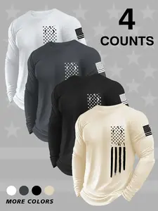 Men's Round Neck Long Sleeve T-Shirt Set, Casual Knitted Polyester Top, Slight Stretch, Moisture-Wicking, All-Season Basic, Flag Print