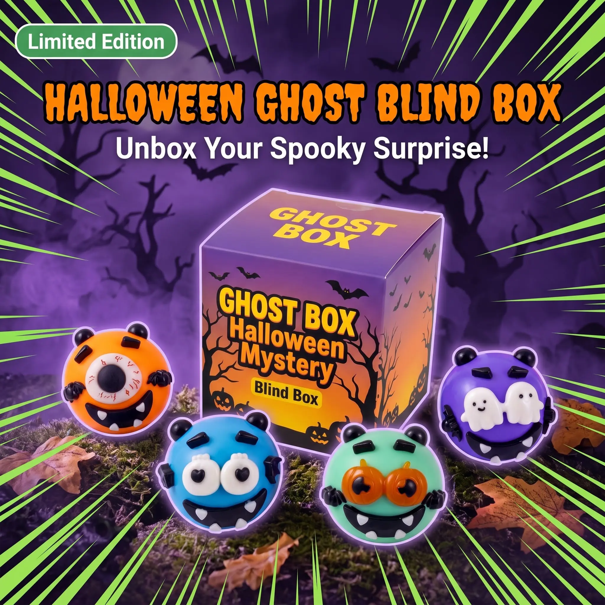 Limited Edition Halloween Ghost Mystery Blind Box, Monster Ball Squeeze Fidget Toy With Ghost Pumpkin Eyeball Mini Figure, Random Style Stress Relief Toy for Kids Halloween Party Favors and Trick‑or‑Treat Gifts