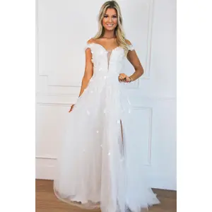 Hanna Off Shoulder Floral Applique Slit Wedding Dress: Off White