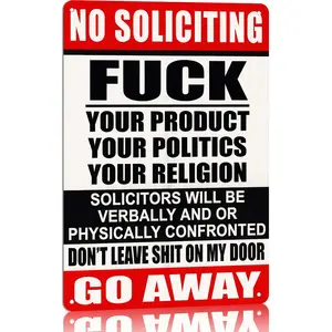 No Soliciting Your Products Go Away Sign 12"X8" Humorous Funny Tin Sign For Cabin Garage Courtyard Outdoor Decorative Easy Hanging Aluminium Gift Design