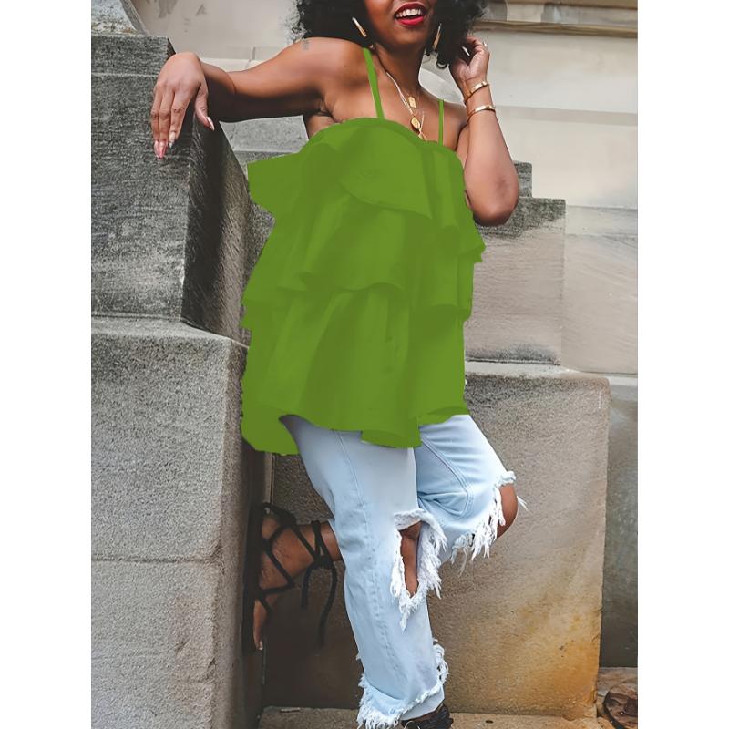 Elegant Plus Size Womens Sleeveless Tiered Ruffle Cami Top - White Layered Peplum Design, Non-Sheer Fabric, Hand Washable, Perfect for Casual or Chic Outfits, Versatile Layering Piece | Voluminous Blouse | Nonstretch Fabric