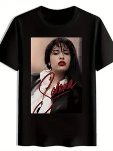 Men'S Casual Black T-Shirt with Selena Portrait Print - Dark Long Hair, Red Lips