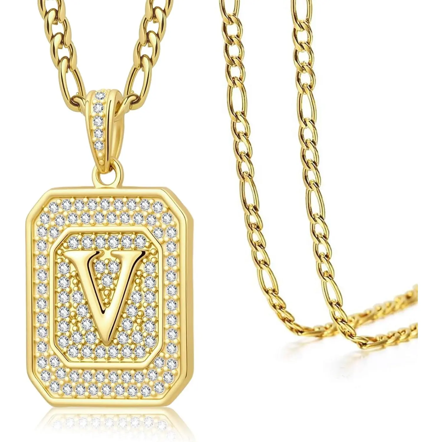 Gift for Mom - 14K Gold Initial Necklace for Women Men, Gold Letter Monogram Alphabet Pendant Square Initial Necklace with Figaro Chain, The gift for your loved one or mother