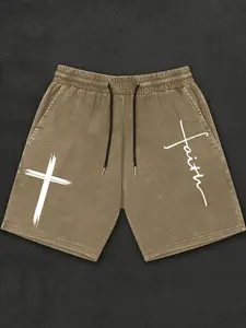 Men's Summer Letter Print Shorts, Drawstring Waist Cotton Blend, Casual Loose-Fitting Outdoor Leisure Wear, Graphic Pattern