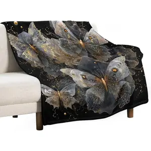Butterfly Flower Gold Throw Blanket, Vintage Wing Petal Ultra Soft Flannel Throws, Low Shedding Blanket for Bed, Couch, Sofa, Reading Nook, Bedroom 40"x50"