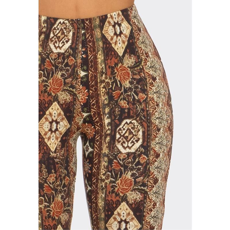Bear Dance Boho Diamond Floral Skinny Brushed Pants - Brown