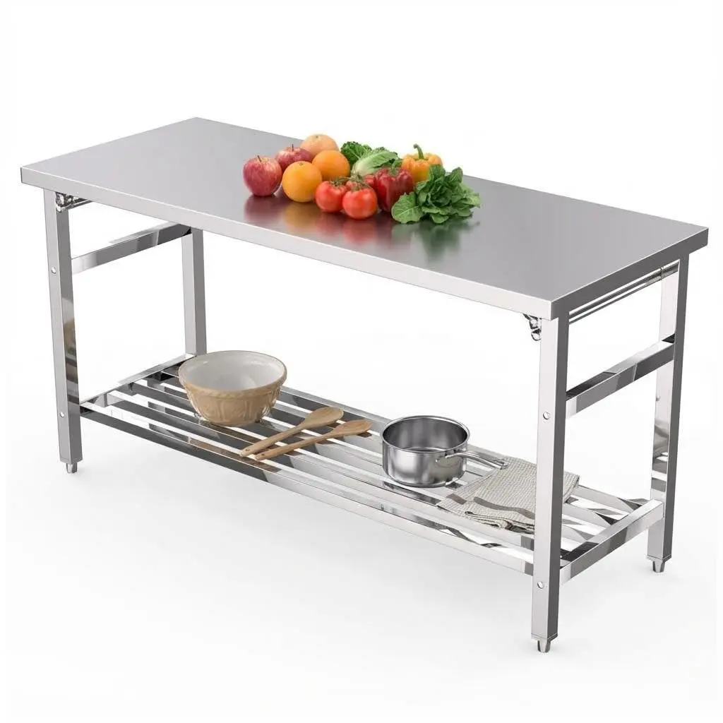Gaomon 60”x24” Commercial Stainless Steel Folding Table, 500 LBS Heavy-Duty Prep Worktable with Adjustable Undershelf, 2-Tier Space-Saving Metal Table, Pre-Assembled Space Saver for Restaurant Kitchen, Home, 400 Pounds Undershelf Capacity, Adjustable Heig