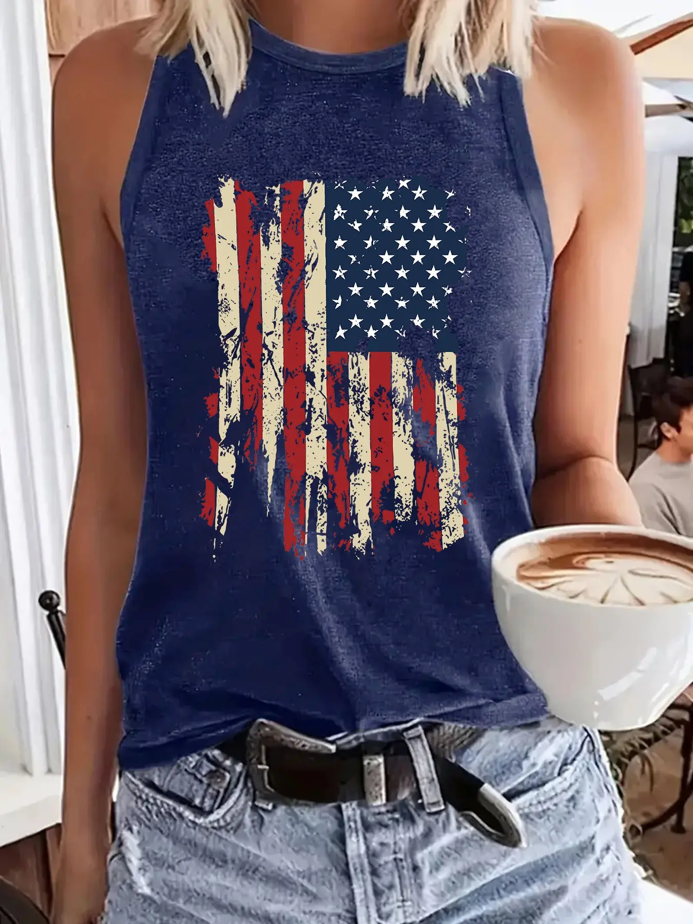 Women's Fashion Flag Print Sleeveless Vest, Casual Loose Fit Summer Top, Lightweight Breathable Fabric, Perfect for Leisure Wear, Vacation, Clothes