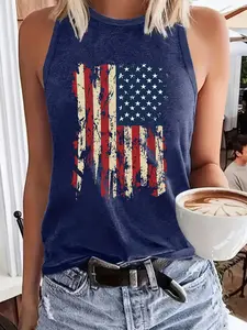 Women's Flag Sleeveless Vest, Casual Elastic Fitted Top, Round Neck, All-Season Wear, Fun Design, Stretchy Fabric, Casual Tank Top