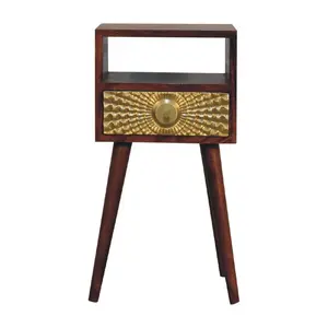 Eden Mini Nightstand Solid Mango Wood Chestnut Finish 1 Drawer Open Shelf Gold Brass Carved Pattern Bedroom Furniture
