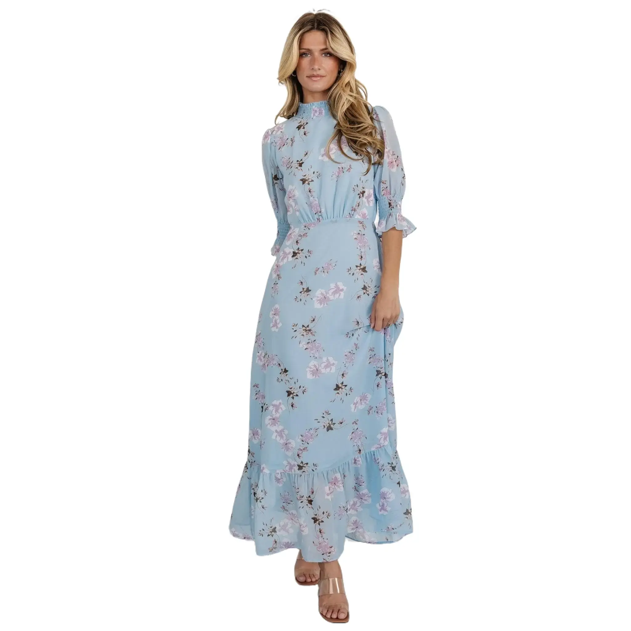 Women's Polyester Chiffon Mock Neck Maxi Dress - Sky Blue Floral, Ruffle-Accented, Pleated, Button-Accented Style, Elastic Waistband, Casual Anniversary Womenswear
