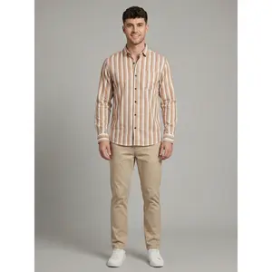 Men's Casual Brown and White Horizontal Striped Long Sleeve Button-Down Shirt