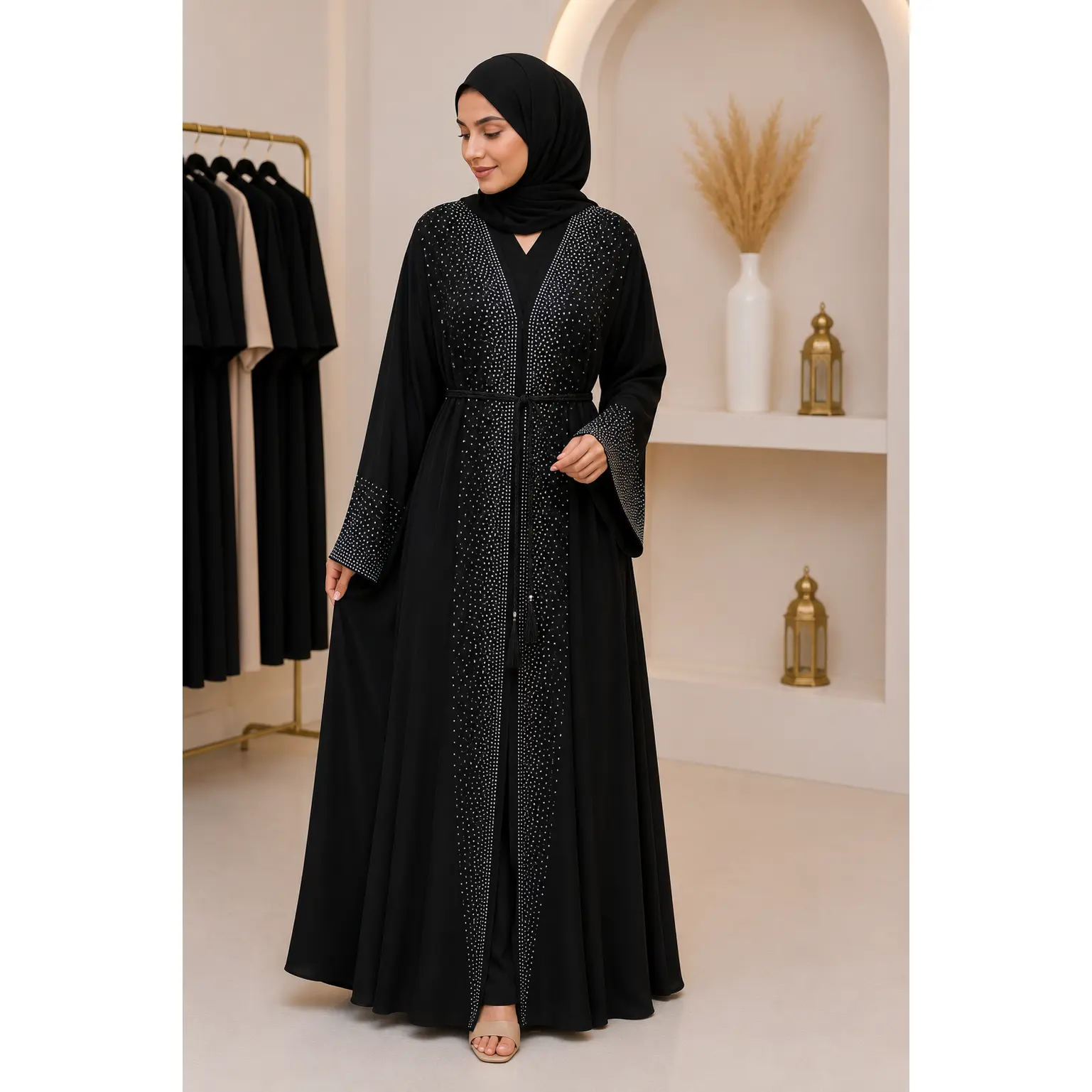 Women's Islamic Modest Fashion Open-Front Abaya, Elegant Black Design with Premium Sparkling Rhinestone Embellishments on Front Panels & Sleeve Cuffs, Available in Sizes 52 & 56