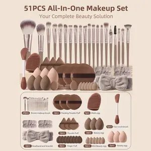 51pcs Makeup Kit Full Set, 20 Brushes, Beauty Sponge Puff, Face Wash Brush, Headband Wristband, All-In-One Cosmetics Set for Beginners & Pros