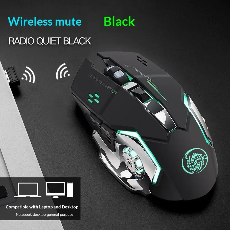 Wireless Bluetooth Rechargeable Silent Mouse - 2.4G Charging Mute Black Gaming Mouse, USB-Enabled, Compatible with Laptops