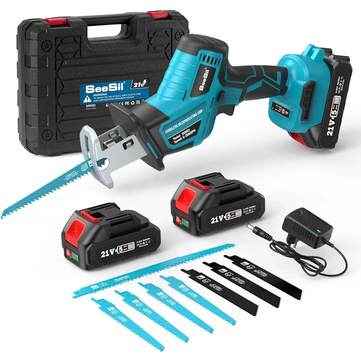 SeeSii Reciprocating Saw, 3500RPM Brushless Power Cordless Reciprocating Saw with LED Light, Tool-free Blade Change 8 Saw Blades Portable Reciprocatin