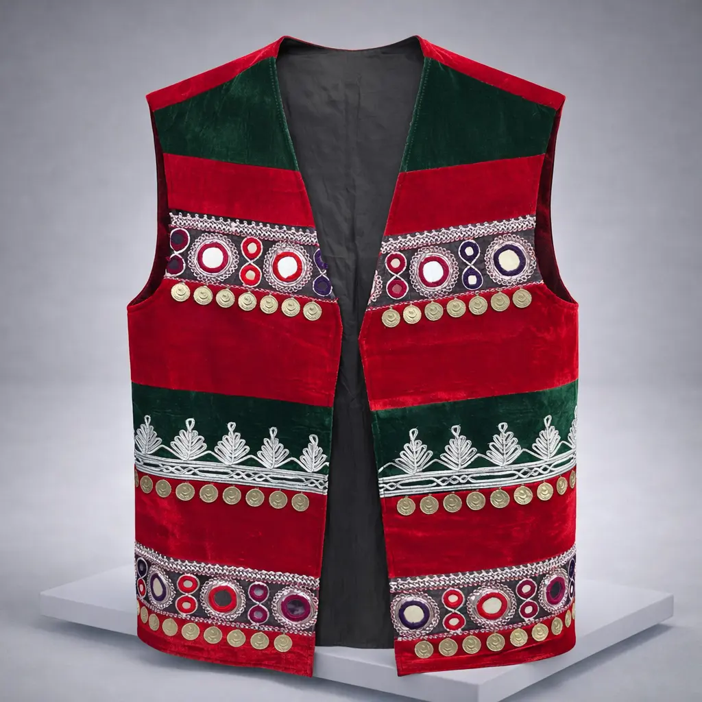 Men’s Afghan Traditional Gand Waistcoat – Handcrafted Embroidered Velvet Vest