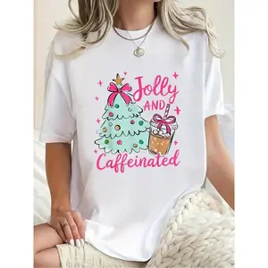 100% Cotton Jolly & Caffeinated Coffee Coquette Bow Xmas Tree Christmas T-Shirt Print Round Neck Short Sleeve Streetwear Fashion Breathable Homme Soft Unisex Designer Clothes For Women Casual Clothes