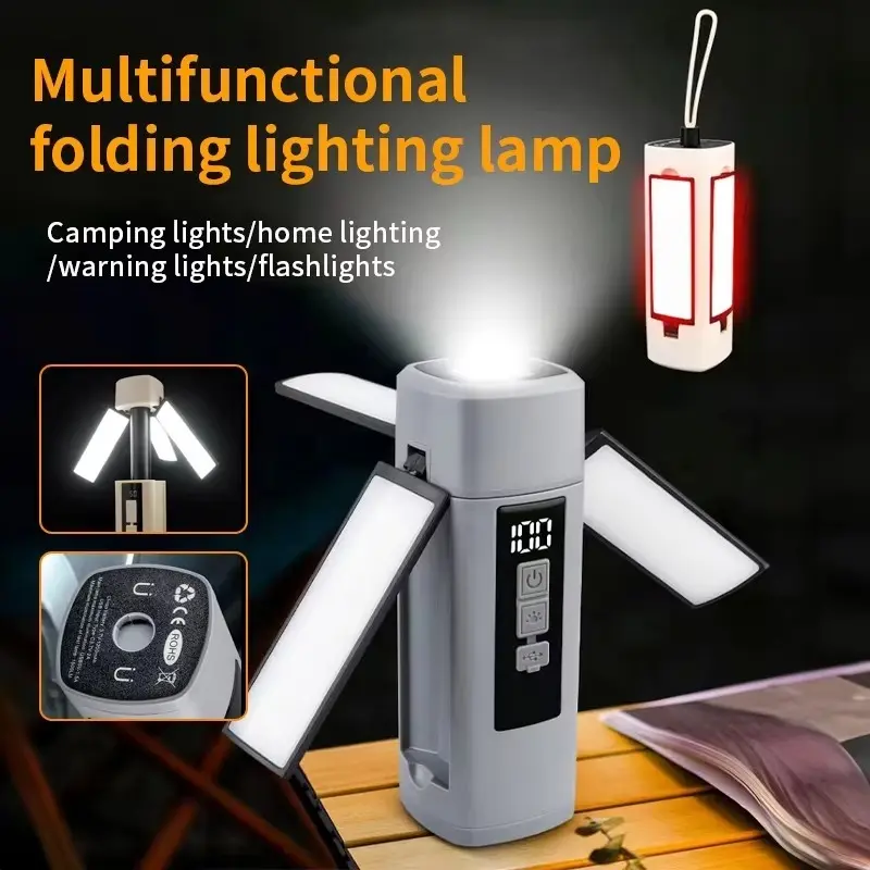 Multi-Functional Camping Lantern, Rechargeable, Foldable, Digital Display, with Strap, Ideal for Camping, Outdoor, Fishing, Emergency Use, Portable Camping Light