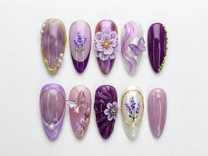 Purple Lavender Press On Nails | 3D Floral Butterfly Nails | Luxury Gold Foil Fake Nails | Handmade Dreamy Spring Aesthetic Gift