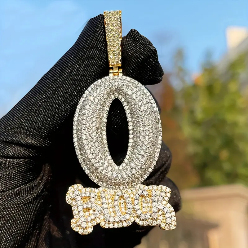 Unisex O Block Pendant Necklace, Funky Hip Hop Costume Jewelry with Iced Out Micro Pave Cubic Zirconia, 18-Karat Gold Plated Copper, Copper Base