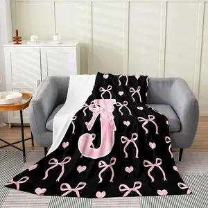 Alphabet J Flannel Throw Blanket,Black Pink Bow Design,Geometric Cute Love Heart Letter Ombre,Sweet Princess Style Microfiber Fuzzy Plush Soft Cozy Warm Lightweight Portable Blanket for Girls,Gift for Women Teens Kids,Bed Couch Sofa Office Car