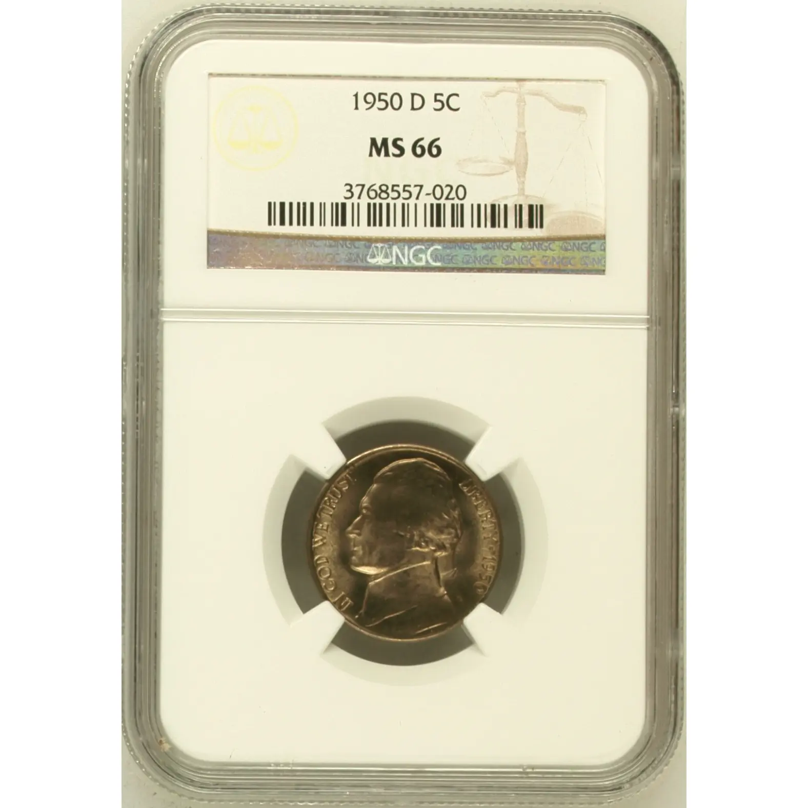 1950 D 5C JEFFERSON FIVE CENTS NGC CERTIFIED COIN MS 66
