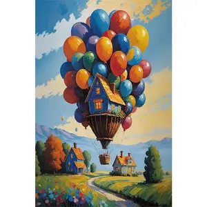 1PC 5D diamond painting 2D flat printing Diamond Painting Kit Flying House with Colorful Balloons DIY Craft for Adults Kids 5D Full Drill Rhinestone Embroidery Home Decor Wall Art Gift 30x40cm
