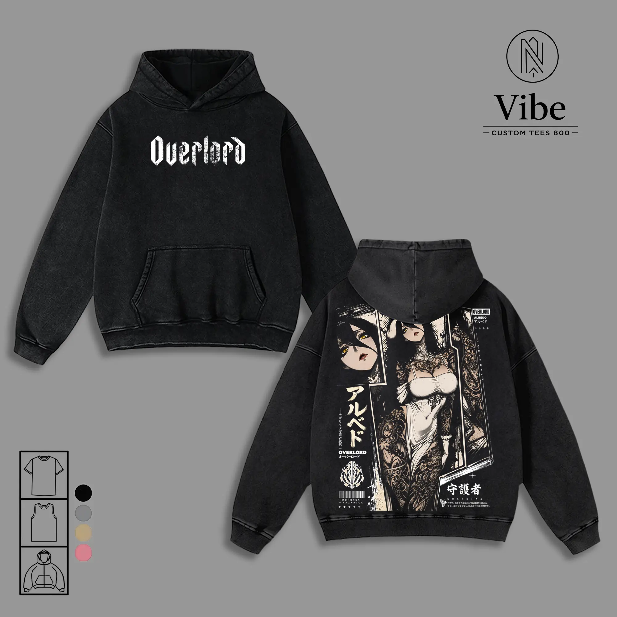 Albedo Overlord Anime Double Printed Vintage Washed Tee Unisex Oversize Anime Manga Washed Heavyweight Cotton T-shirt, Tank Top, Sweatshirt, Hoodie
