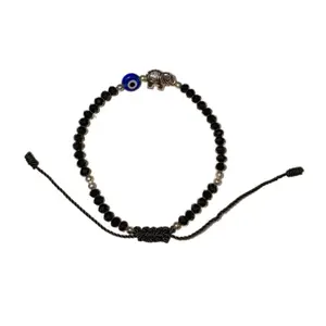 Black Beaded Bracelet with Evil Eye and Elephant for Abundance Adjustable String Design - Pulsera  Negra Contra mal ojo y elefante