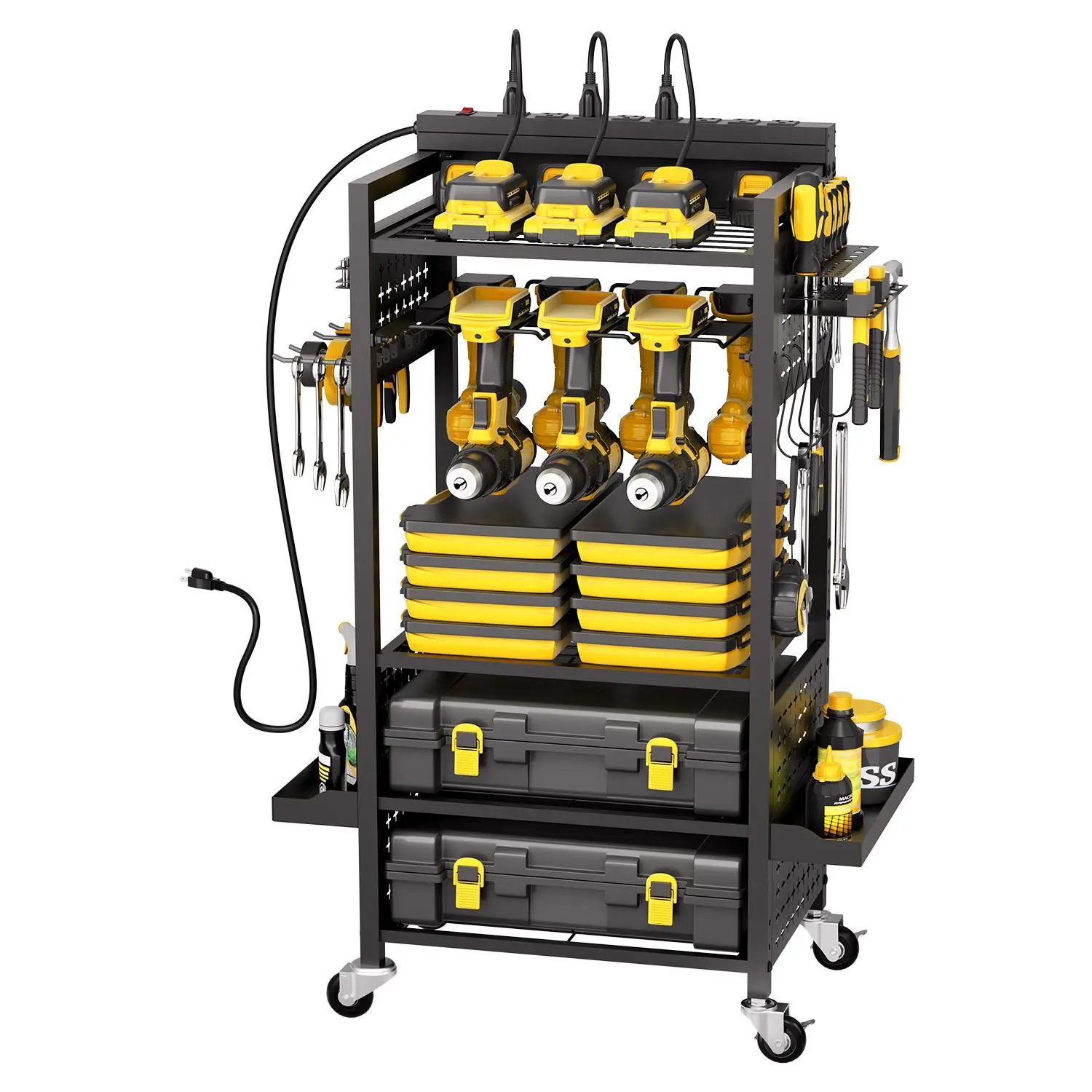 【summerfinds】VEVOR 5-tier Tool Organizer Cart with Charging Station, 8 AC Outlet, Floor Stand Rolling Drill Holder and Tool Battery Storage Rack on Wheels, Garage Floor Rolling Storage Cart for Workshop, Garage, Heavy Duty, Tool Kit