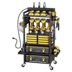 VEVOR 5-tier Tool Organizer Cart with Charging Station, 8 AC Outlet, Floor Stand Rolling Drill Holder and Tool Battery Storage Rack on Wheels, Garage Floor Rolling Storage Cart for Workshop, Garage