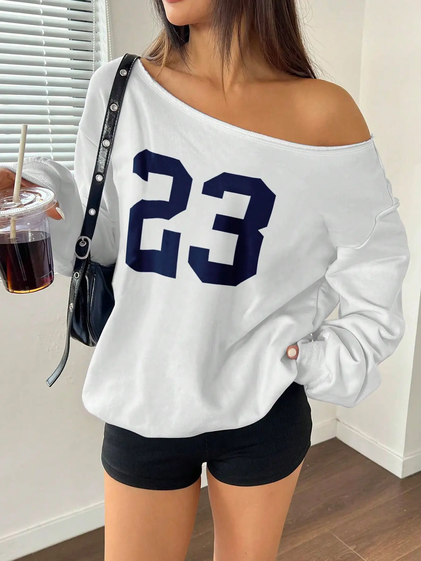 Women's Casual Asymmetrical Shoulder Crop Top Sweatshirt, Comfortable Daily Wear, Digital Print Design, Essential Wardrobe Item