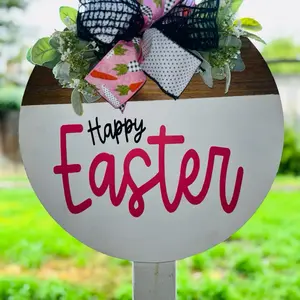 Happy Easter Wooden Door Hanger with Decorative Bow and Carrot Design for Festive Home Decor