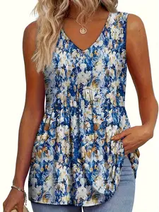 Lightweight Floral Print Cami Sleeveless Women's Top, V Neck Loose Fit, Casual Boho Spring & Fall Fashion, Comfortable for Work and Shopping