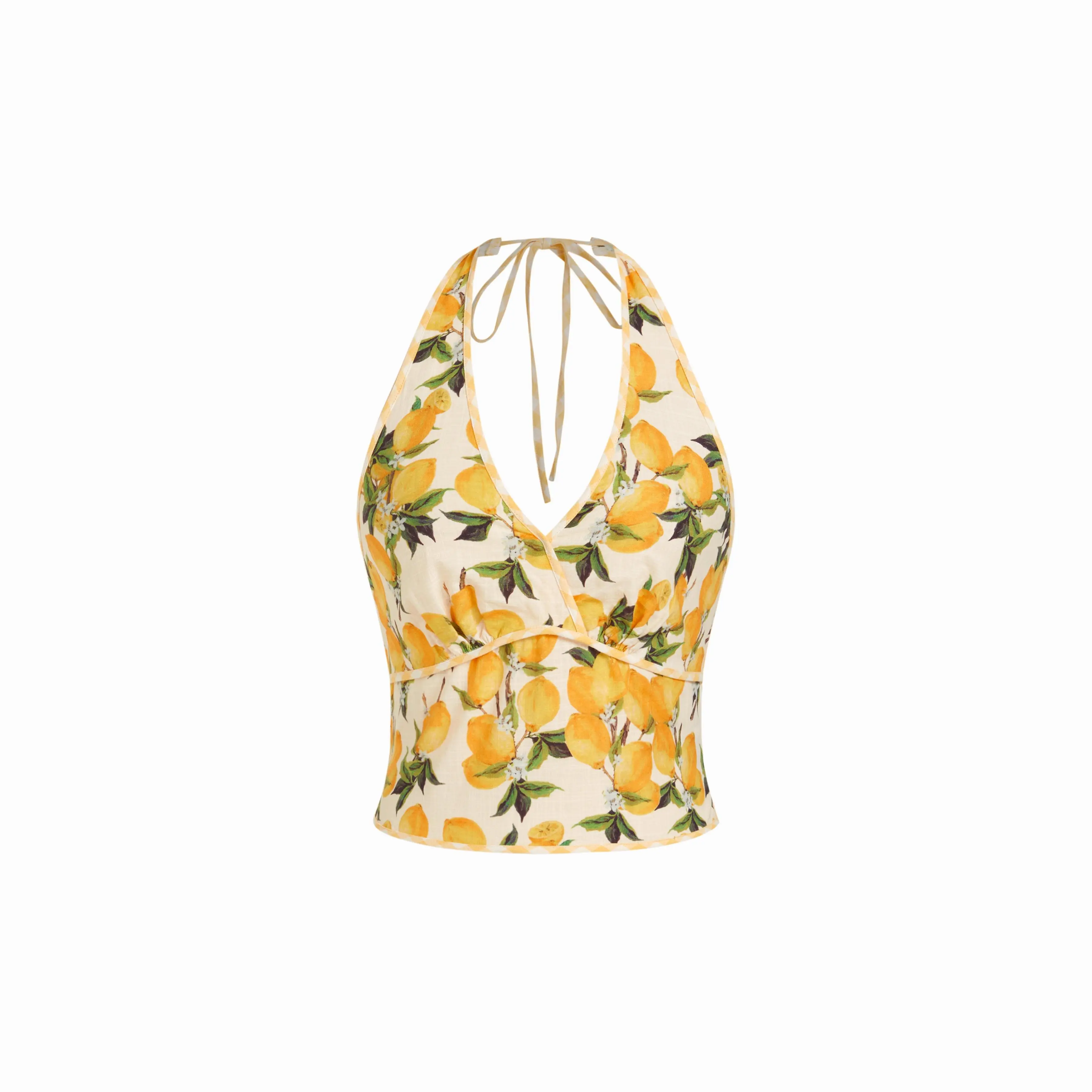 Women's Cotton-Blend Floral Cider Crop Top - Backless Lemon Graphic Halter Neckline Camisole Blouse