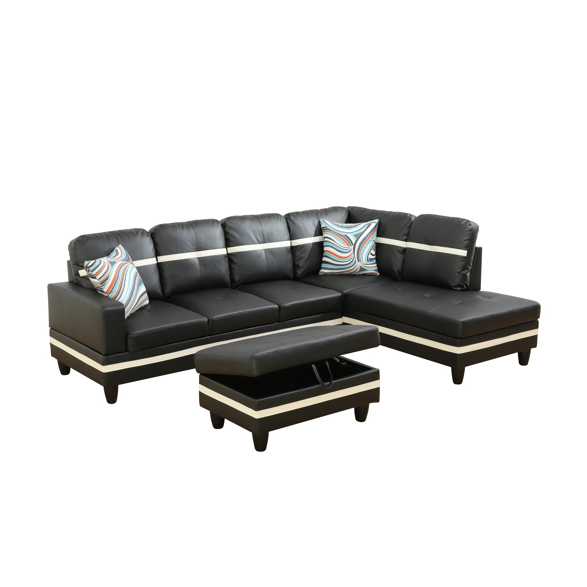 Black And White Semi PU Synthetic Leather 3-Piece Couch Sofa Set, Modern Living Room Furniture, Soft Comfy Upholstered Loveseat For Apartment Home Dorm Viral Style