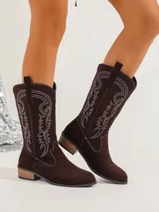 New Fashion Retro Embroidered Western Cowboy Boots, Cowgirl Boots for Women, Mid-Calf Thick Heel Knight Boots, American Vintage Versatile Long Boot
