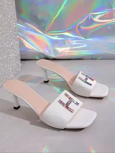Women's White Colorful Rhinestone H Letter Decor Square Toe Low Heel Slide Sandals, Trendy Sandals, Luxury Glamorous-Chic Style, Sparkly Evening Slides #LuxuryGlamorousShoes, #ColorfulRhinestoneSlides, #SparklyEveningChicSandals
