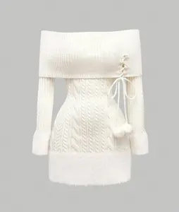 Off-Shoulder Plush Ball Pendant - Sweater Dress