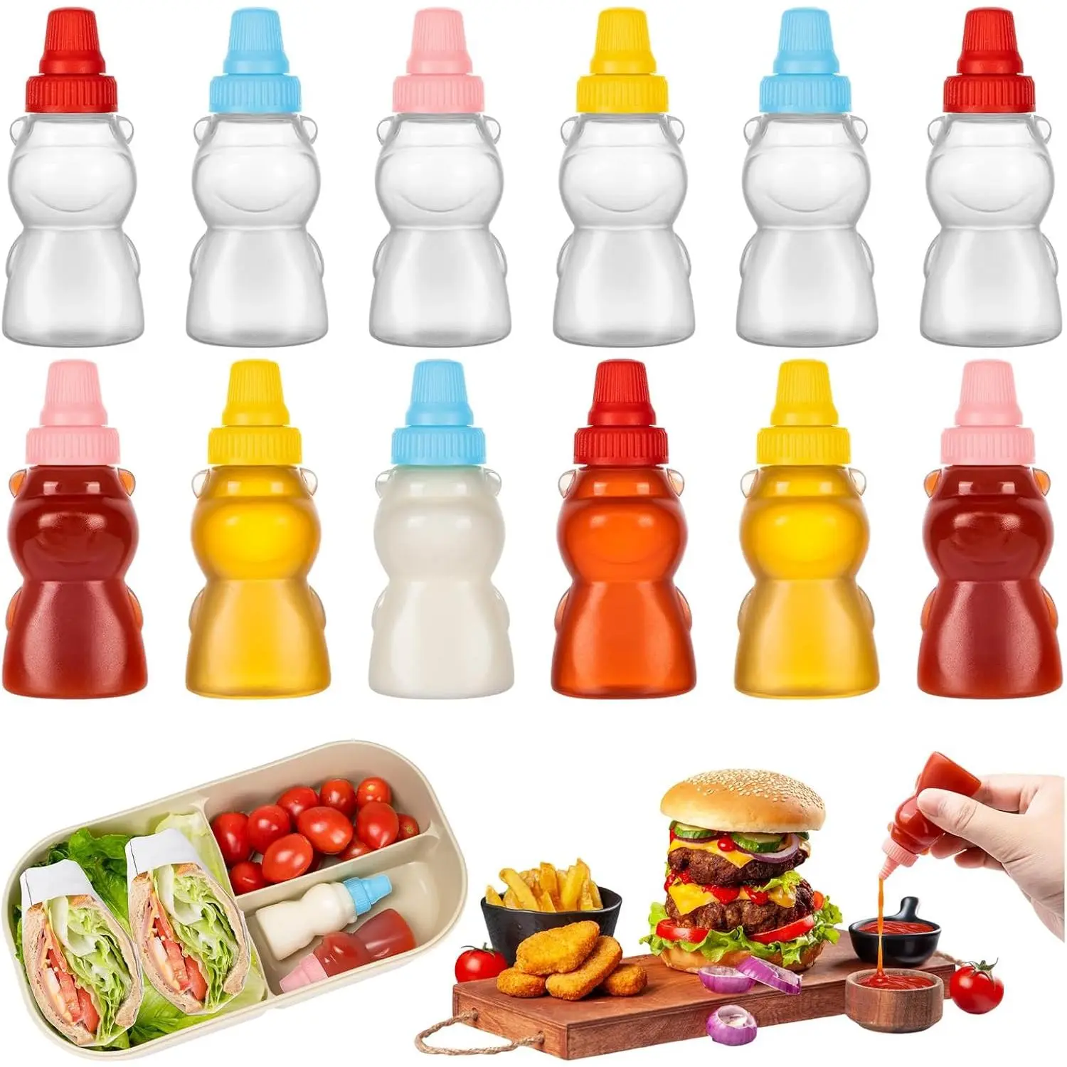 12 count Mini Condiment Squeeze Bottles, Mini Sauce Containers for Lunch Box, 25ml Small Ketchup and Mustard Bottle for  for Travel